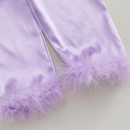 Imagem de Conjunto de pijama MAINESAKA para bebês e meninas com acabamento em penas de cetim