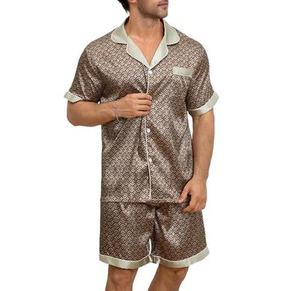 Imagem de Conjunto De Pijama Masculino Com Estampa Xadrez, Manga Curta, Top Com Lapela, Shorts Elásticos,