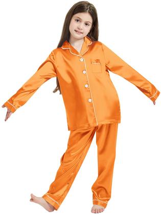 Imagem de Conjunto de pijama Schbbbta Girls Satin Silk, manga comprida, laranja 7-8Y