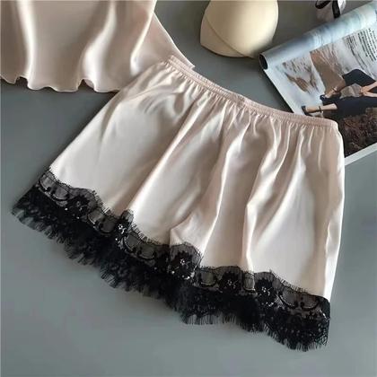Imagem de Conjunto De Pijama Sexy De Cetim Para Mulheres Com Decote Em V, Camisola De Renda Com Laço E Shorts
