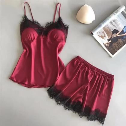 Imagem de Conjunto De Pijama Sexy De Cetim Para Mulheres Com Decote Em V, Camisola De Renda Com Laço E Shorts