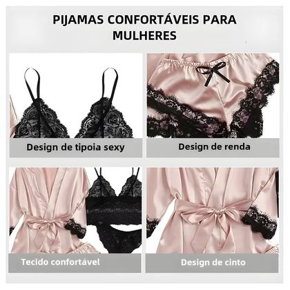 Imagem de Conjunto de Pijama Sexy Feminino em Cetim - 4 Peças com Roupão