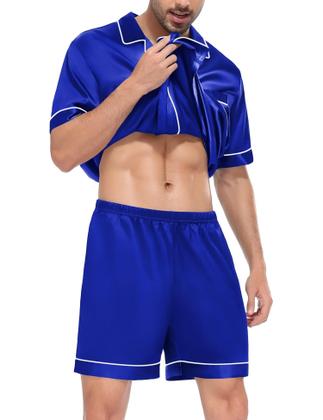 Imagem de Conjunto de pijama SWOMOG, seda acetinada, com botões, manga curta, azul