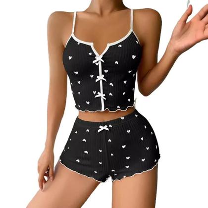 Imagem de Conjunto De Pijamas De Seda Femininos De Verão Com Estampa De Coração, Top Sem Mangas Em V E Shorts