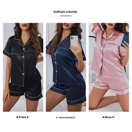 Imagem de Conjunto De Pijamas De Seda Satin Para Mulheres 2 Peças Com Botão Roupas De Dormir Loungewear Shorts