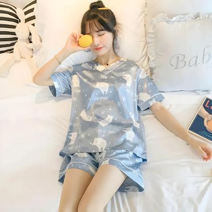 Imagem de Conjunto De Pijamas De Verão Para Mulheres Em Tamanho Grande, Estilo Coreano, Em Seda Gelada, Com