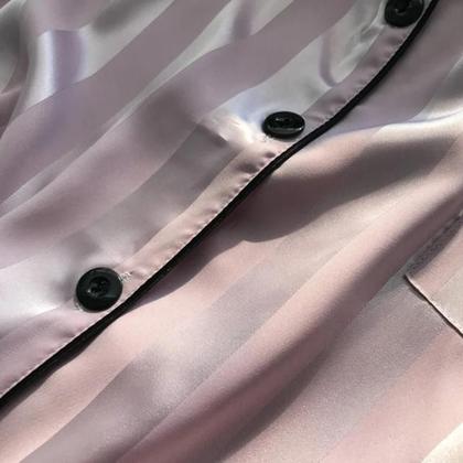 Imagem de Conjunto De Pijamas Elegante Em Cetim Listrado Para Mulheres plus Size Com Camisa De Botão De Manga