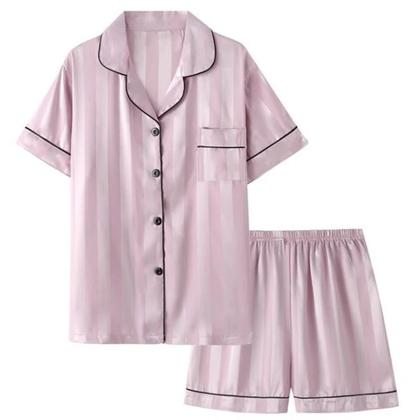 Imagem de Conjunto De Pijamas Elegante Em Cetim Listrado Para Mulheres plus Size Com Camisa De Botão De Manga