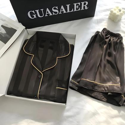 Imagem de Conjunto De Pijamas Elegante Em Cetim Listrado Para Mulheres plus Size Com Camisa De Botão De Manga