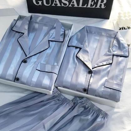 Imagem de Conjunto De Pijamas Elegante Em Cetim Listrado Para Mulheres plus Size Com Camisa De Botão De Manga