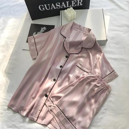 Imagem de Conjunto De Pijamas Elegante Em Cetim Listrado Para Mulheres plus Size Com Camisa De Botão De Manga