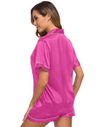 Imagem de Conjunto de pijamas feminino SWOMOG, seda, cetim, com botões, rosa vermelha