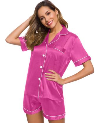 Imagem de Conjunto de pijamas feminino SWOMOG, seda, cetim, com botões, rosa vermelha