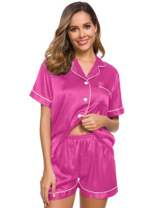 Imagem de Conjunto de pijamas feminino SWOMOG, seda, cetim, com botões, rosa vermelha