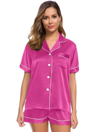 Imagem de Conjunto de pijamas feminino SWOMOG, seda, cetim, com botões, rosa vermelha