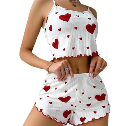 Imagem de Conjunto De Pijamas Femininos De Verão 2PCS, Camisola Com Alças Finas E Shorts Com Estampa De