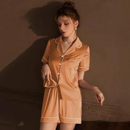 Imagem de Conjunto De Pijamas Femininos De Verão Em Cetim Sólido Confortável Em Duas Peças Em Seda Falsa