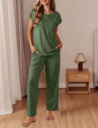 Imagem de Conjunto de pijamas femininos Ekouaer de manga curta verde militar