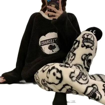 Imagem de Conjunto De Pijamas Femininos plus Size Com Estampa De Urso Cartoon, Pijamas De Inverno Em Flanela