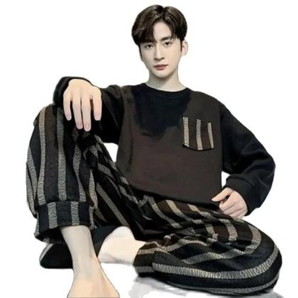 Imagem de Conjunto De Pijamas Listrados Masculinos Outono Inverno Roupas De Noite Para Jovens Roupas De Casa