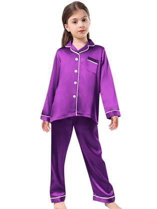 Imagem de Conjunto de pijamas Schbbbta Girls Satin de manga comprida roxo 9-10 anos