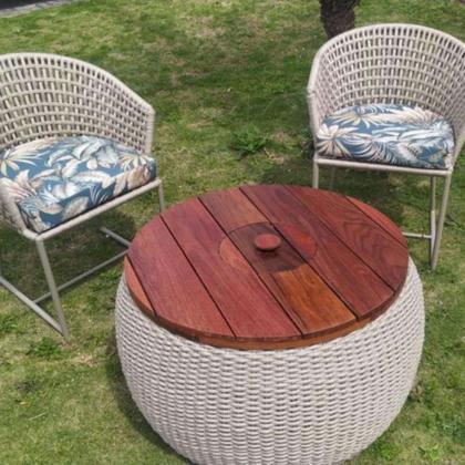 Imagem de Conjunto de Poltronas em Corda Náutica Jasmin - 2 Poltronas + Mesa com Champanheira - Tecido Palmares Petróleo