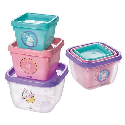 Imagem de Conjunto de Potes de Plástico Infantil Bebê Conect 3 Unidades Quadrados Meninas - Plasútil