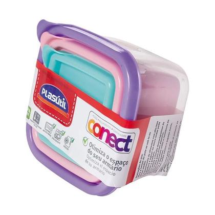 Imagem de Conjunto de Potes de Plástico Infantil Bebê Conect 3 Unidades Quadrados Meninas - Plasútil