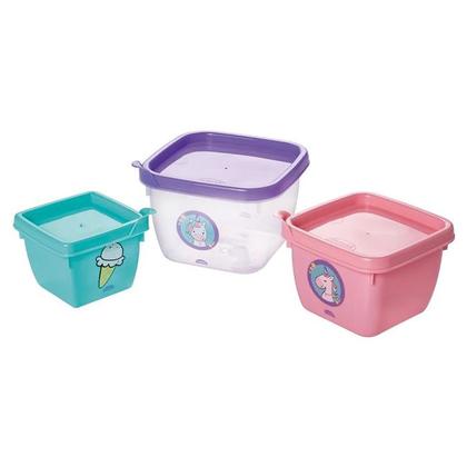 Imagem de Conjunto de Potes de Plástico Infantil Bebê Conect 3 Unidades Quadrados Meninas - Plasútil