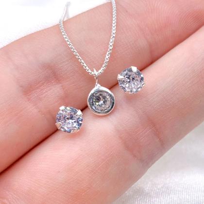 Imagem de Conjunto de Prata 925 Colar + pingente + brinco de zirconia redonda
