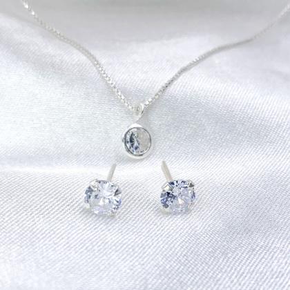 Imagem de Conjunto de Prata 925 Colar + pingente + brinco de zirconia redonda