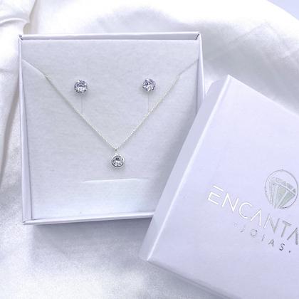 Imagem de Conjunto de Prata 925 Colar + pingente + brinco de zirconia redonda