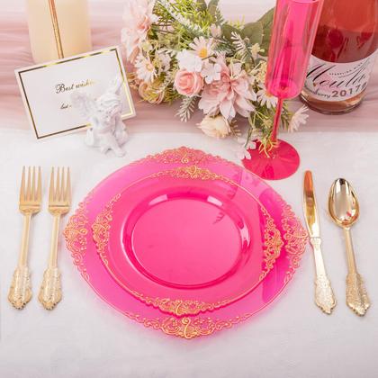 Imagem de Conjunto de pratos de plástico Joyido Hot Pink com talheres dourados 125 unidades