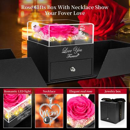 Imagem de Conjunto de presente BNWXOY Preserved Dark Pink Real Roses com colar