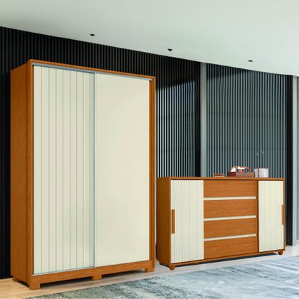 Imagem de Conjunto de Quarto Guarda Roupas 2 Portas de Correr e Cômoda Hera Flex Madeirado/Off White Albatroz