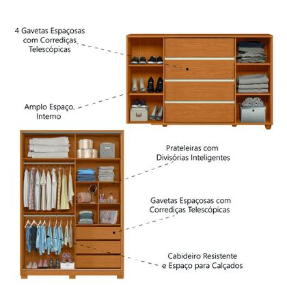 Imagem de Conjunto de Quarto Guarda Roupas com Espelho 2 Portas de Correr e Cômoda Hera Flex Madeirado/Off Whi