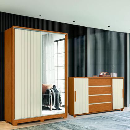 Imagem de Conjunto de Quarto Guarda Roupas com Espelho 2 Portas de Correr e Cômoda Hera Flex Madeirado/Off Whi