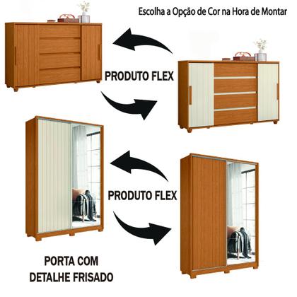 Imagem de Conjunto de Quarto Guarda Roupas com Espelho 2 Portas de Correr e Cômoda Hera Flex Madeirado/Off Whi