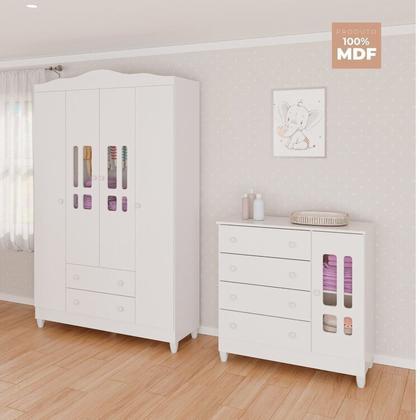 Imagem de Conjunto de Quarto Infantil 1 Cômoda 4 Gavetas 1 Guarda-Roupa de Bebê 4 Portas e 2 Gavetas Ariel Branco