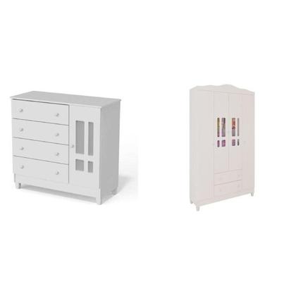 Imagem de Conjunto de Quarto Infantil 1 Cômoda 4 Gavetas 1 Guarda-Roupa de Bebê 4 Portas e 2 Gavetas Ariel Branco