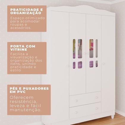 Imagem de Conjunto de Quarto Infantil 1 Cômoda 4 Gavetas 1 Guarda-Roupa de Bebê 4 Portas e 2 Gavetas Ariel Branco
