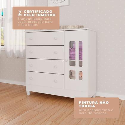 Imagem de Conjunto de Quarto Infantil 1 Cômoda 4 Gavetas 1 Guarda-Roupa de Bebê 4 Portas e 2 Gavetas Ariel Branco