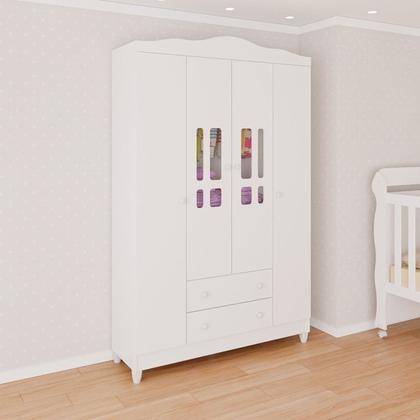 Imagem de Conjunto de Quarto Infantil 1 Cômoda 4 Gavetas 1 Guarda-Roupa de Bebê 4 Portas e 2 Gavetas Ariel Branco
