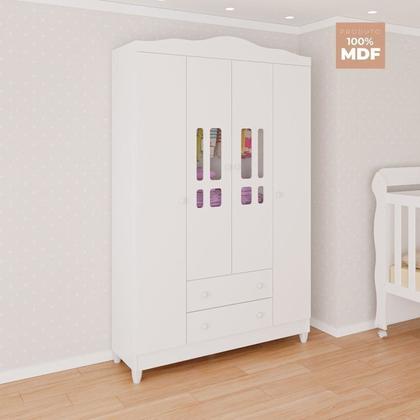 Imagem de Conjunto de Quarto Infantil 1 Cômoda 4 Gavetas 1 Guarda-Roupa de Bebê 4 Portas e 2 Gavetas Ariel Branco