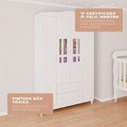 Imagem de Conjunto de Quarto Infantil 1 Cômoda 4 Gavetas 1 Guarda-Roupa de Bebê 4 Portas e 2 Gavetas Ariel Branco