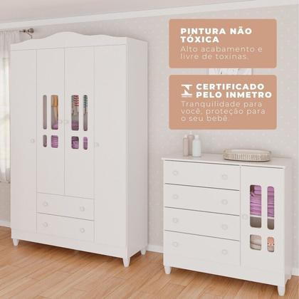 Imagem de Conjunto de Quarto Infantil 1 Cômoda 4 Gavetas 1 Guarda-Roupa de Bebê 4 Portas e 2 Gavetas Ariel Branco