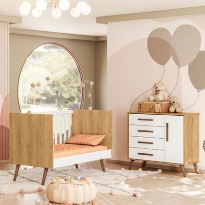 Imagem de Conjunto de Quarto Infantil Alice Retrô Cômoda com Berço Mini Cama Freijó / Branco