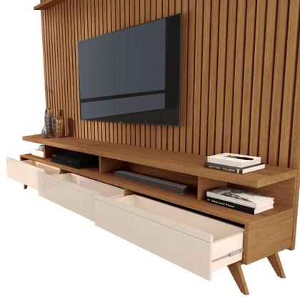 Imagem de CONJUNTO DE RACK + PAINEL VIVA 100% RIPADO COR FREIJÓ / OFF WHITE 2.20m PARA TV ATÉ 75'' POLEGADAS COM 3 GAVETAS PÉS RETRÔ