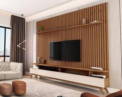 Imagem de CONJUNTO DE RACK + PAINEL VIVA 100% RIPADO COR FREIJÓ / OFF WHITE 2.20m PARA TV ATÉ 75'' POLEGADAS COM 3 GAVETAS PÉS RETRÔ