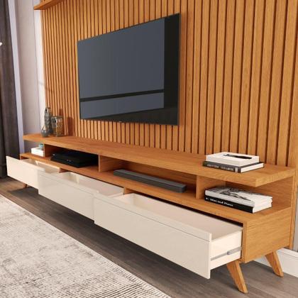 Imagem de CONJUNTO DE RACK + PAINEL VIVA 100% RIPADO COR NATURE / OFF WHITE 2.20m PARA TV ATÉ 75'' POLEGADAS COM 3 GAVETAS PÉS RETRÔ